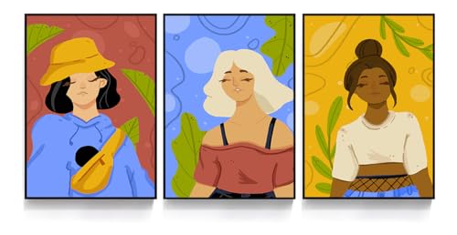 Kit 3 Quadros Mulheres Morenas Fundo Colorido Moderno Decoração Casa Sala e Quarto (32 x 23 cm, Pret