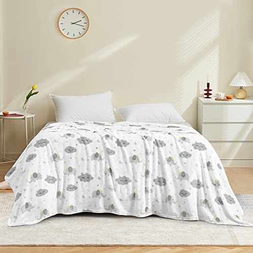 Tillyou Fleece Plush Kids Throw Blanket For Couch, Lightweight Crib Blanket For Bed Lounger, 100% Soft Microfiber Blanket For Sleeping Napping, Throw 50" X 60", Grey Cloud & Elephant #TOP5
