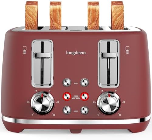 4 Slice Toaster, Extra Wide Slots, Longdeem Retro Stainless Steel Toasters, 6 Browning Options, Auto Shut Off & Frozen Function, Toast Fruit Bread, Bagel & Waffle, Red