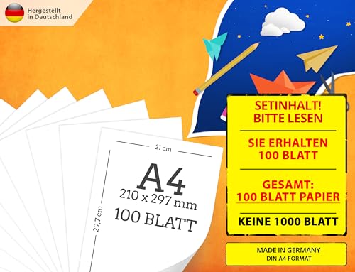 Druckerpapier dicke stärke A4 100g weiß –100 Blatt - PREMIUM PAPIER Reinweiß - Druckerpapier dicke Stärke - Kopierpapier, Laserdrucker & Tintenstrahl, Uni, Bewerbung, Büro & Office Präsentationen