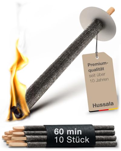 Hussala Diamond Wachsfackeln für draußen [10 Stück bis zu 60 min] mit langen Holzstab und Tropschutz - Premium Gartenfackel aus Diamond Wachs - Fackeln für Fackelwanderung