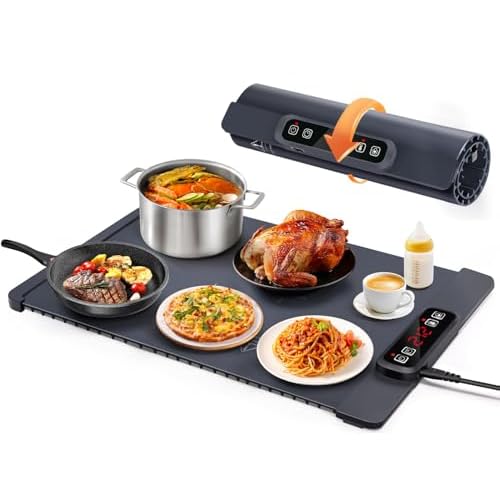 AUTOPkio Food Warming Mat, Rapid-Heat Electric Warming Tray with 5 Adjustable Temperature Settings, 1-4H Auto Shut-Off Timer & Child-Safe Lock, Roll-Up Design for Buffets, Parties & Family G