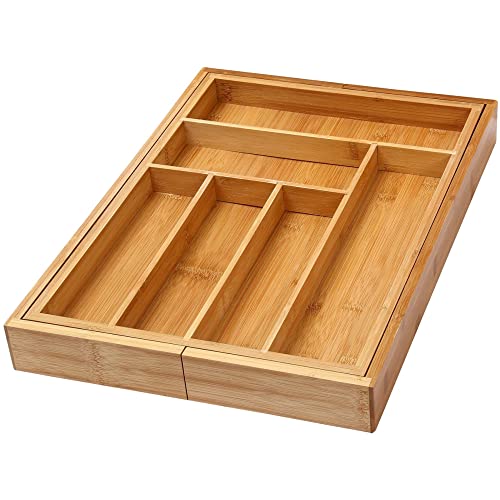 Image of YBM Home & Kitchen Expandable 6-compartment Kitchen Utensil, Flatware, Cutlery Drawer Organizer Tray Size 18 inch width (12.5 inch wide closed), 17. inch Length, 2 inch Height. Item No.339