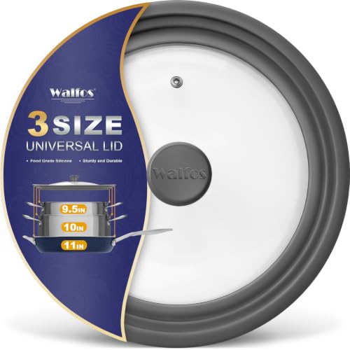 Universal Lid for Pots, Pans and Skillets - Walfos Tempered Glass Pan Lid with Heat Resistant Silicone Rim, BPA Free Large Pot Lids Fits 9.5", 10" and 11" Diameter Cookware, Dishwasher-Safe, Grey