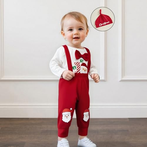 Karuedoo My 1st Christmas Baby Boy Outfit Letter Print Long Sleeve Bowtie Romper Suspender Pants with Hat 3Pcs Clothes Sets4