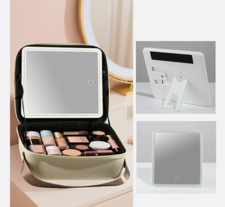 CHIDDHAN Travel Makeup Bag with LED Lighted Mirror β Portable Cosmetic Organizer Case with Adjustable Strap, Large Capacity, Waterproof PU Leather, Perfect for Travel & Home Use 1