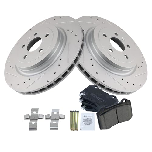 Image of TRQ Performance Rear Brake Pad and Rotor Set Ceramic G Coated Slotted Drilled Compatible with 2012-2015 Tesla S
