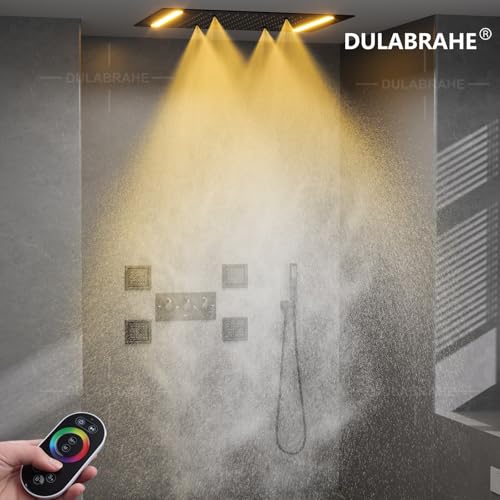 DULABRAHE 14 X 20 Inch LED Matte Black Rain Ceiling Shower Head With Handheld Spray Bathroom Rainfall Shower System Set For Bathroom Spa Body Combo Fixtures