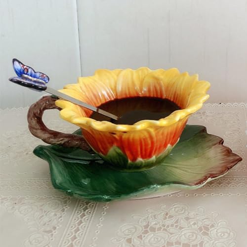 FORLONG Ceramic Coffee Mug and Saucer set with Spoon,3D Handmade and Hand-painted Sunflower and Leaf Design Tea Mug, Birthday Gifts for Women- 6oz