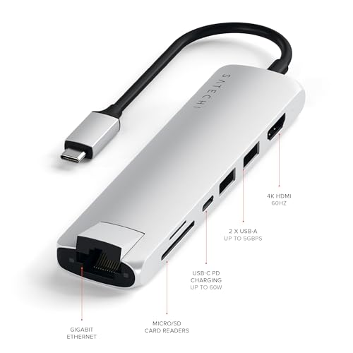 Image of Satechi USB C Slim Multiport Adapter with Ethernet, 4K HDMI, 60W USB C PD Charging, 2 USB-A, SD /Micro Card Readers - for M2 / M1 MacBook Pro /Air, M2 / M1 iPad Pro /Air, M2 Mac mini, iMac M1 (Silver).