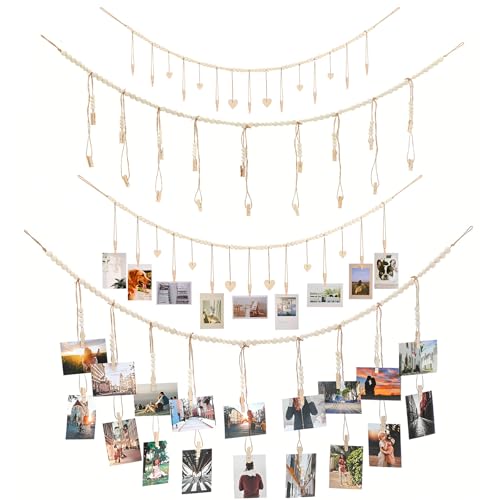 LDXDRU 4 piezas de cuerda para fotos con pinzas de madera, marco de fotos DIY decoración de pared, para colgar tarjetas postales, marcos de fotos, fotos, ideas para colgar fotos, cortina de fotos para