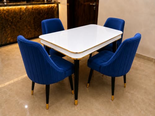 Image of WOODEN SPACE 4 Seater Wooden Dining Table Set | Urban Marble Top Dining Table with Chairs for Dining Room & Kitchen (Modern Infinity Navy Blue) (54 x 36 x 30 inch)