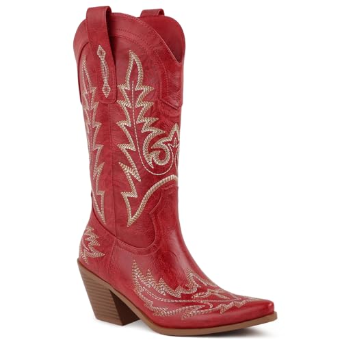 Herrlyn Western Cowboy Boots for Women Mid Calf Cowgirl Boots Pointed Toe Chunky Heel Embroidery Red Boots Shoes