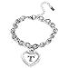 Flowers Bracciale Interamente in Acciaio Ciondolo a Forma di Cuore e zirconcini Lettera Traforata. Idea Regalo (T)