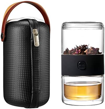 ZENS Travel Tea Set, Glass Portable Teapot Infuser Set for One with 200ml Double Walled Teacup for Loose Tea, to Go Black Carry Case for Office or Homeworking Daily Tea