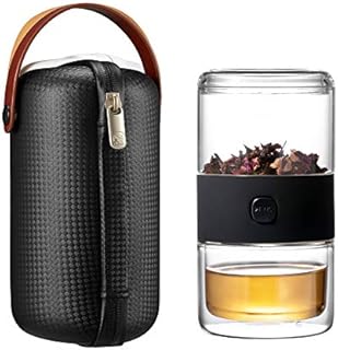 ZENS Travel Tea Set, Glass Portable Teapot Infuser Set for One with 200ml Double Walled Teacup for Loose Tea, to Go Black Carry Case for Office or Homeworking Daily Tea