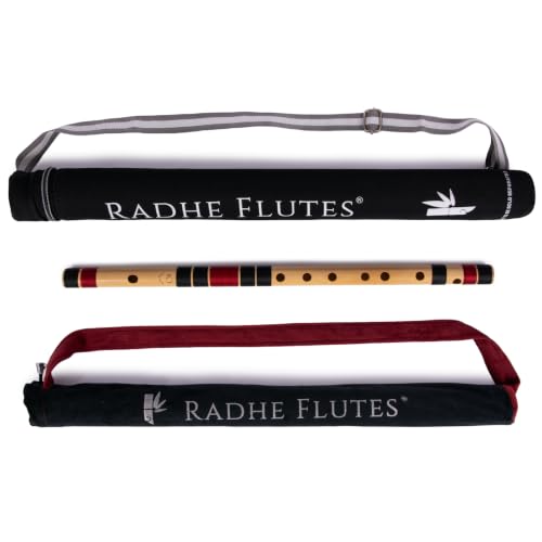 Image of Radhe Flutes Bamboo Bansuri C Sharp Right Handed Middle Octave (18 inch) With Hard Cover (Beige Flute With Black & Maroon Threads)