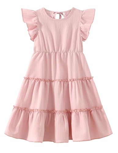 Girls Summer Dresses Tiered Crinkle Flowy Ruffle Sleeve A-Line Swing Backless Bow Lace-up Dress Size 4-12 Years