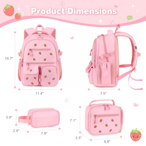 Image of DIGOBAY Backpack for Girls 6-8, 3PCS Embroidery Toddler Girls Backpack with Lunch Bag Pencil Case, 15.7 inch Kids School Bookbag for Preschool Kindergarten Elementary Daycare Backpacks, Pink Strawberry