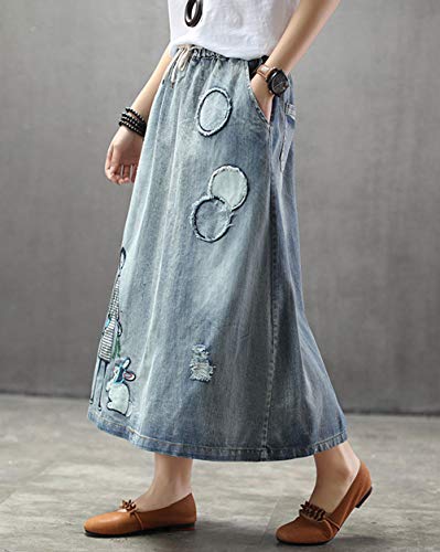 Ebossy Women's Casual Distressed Embroidered Midi Long Denim Skirt With Pockets (One Size, Girl And Rabbit/Light Blue) #TOP2