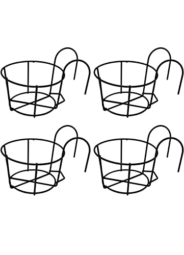 HOME DECO Hanging Flower Pot Holder Railing Potted Plant Stand for Home Balcony Décor, Colour; Black Set of 4