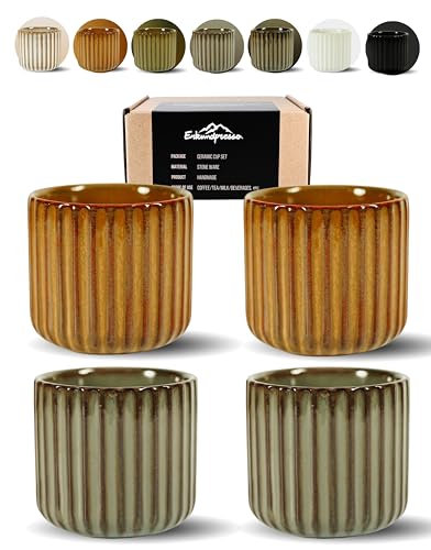 Erkundpresso.Kaffeebecher 4er Set 180ml Ohne Henkel Premium Barista Kaffeetasse aus Hochwertigem Steingut Dickwandiger Kaffeebecher - Entworfen für Latte Art - 100% Handfertigung