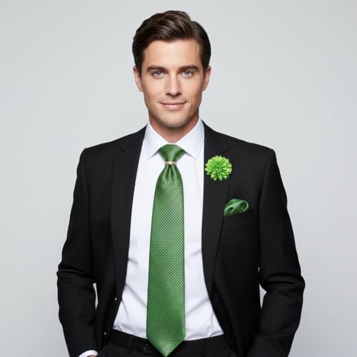 Image of 5PCS Mens Silk Tie, Pocket Square, Cufflinks, Drilled Tie Ring and Lapel Pin Set for Wedding Groom Party
