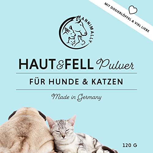 Annimally Haut & Fell Pulver für Hunde und Katzen I Pulver Komplex mit Bierhefe, Biotin, Zink, Ölen und Spirulina I Ideale Ergänzung bei Haarverlust beim Hund, Fellwechsel