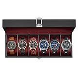 SONGMICS Watch Box, 6-Slot Watch Case Organizer with Large Glass Lid, Removable Pillows, Gift for Loved Ones, Black Synthetic Leather, Wine Red Lining UJWB006R01