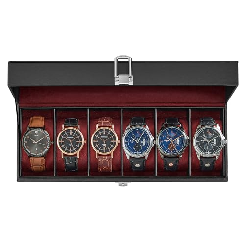 SONGMICS Watch Box 6-Slot Watch Case with Large Glass Lid Removable Watch Pillows Watch Box Organizer Gift for Loved Ones Black Synthetic Leather Wine Red Lining UJWB006R01