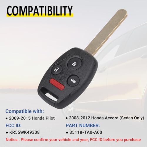 2008-2012 Honda Accord Sedan & 2009-2015 Pilot Key Fob Replacement KR55WK49308, 4 Buttons