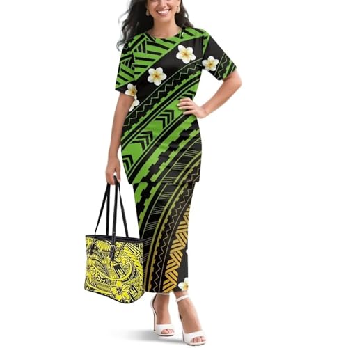 Image of Puletasi Samoan Traditional 2 Piece Outfits for Women Short Sleeve Crop Top and Maxi Skirt Sets Puletasi Dress