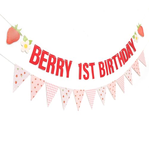 Image of Berry 1st Birthday Banner - Strawberry First Birthday Party Decorations, Berry Strawberry Farm Party Supplies, Sweet One Cake Smash Photo Props, One Red Strawberry Banner