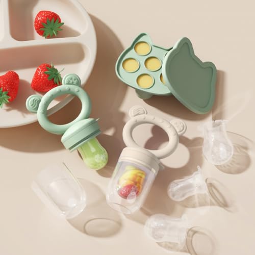 Image of Baby Breastmilk Popsicle Molds & Baby Fruit Feeder (4 Pack), Infant Food Freezer Tray Storage Containers, Silicone Teething Pacifier Feeder and Teether for Babies,Boys and Girls-Beige&Green
