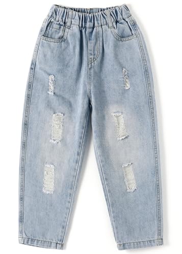 KIDSCOOL SPACE Girl Jeans,Elastic Elastic Waist Patchwok Raw Edge Denim Pants