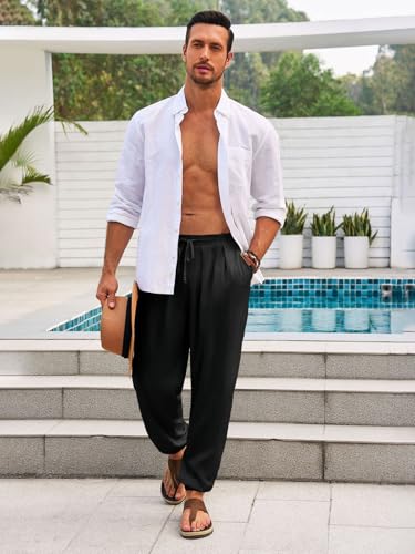 Runcati Mens Casual Pants Elastic Waist Linen Drawstring Pleated Lightweight Joggers Loose Fit Summer Beach Yoga Trousers4