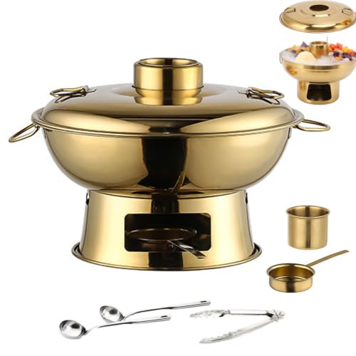 Chinese Charcoal Hot Pot, Stainless Steel Mongolian Pot for Shabu Shabu, Portable Round Soup Boiler for Home and Restaurant Use, Durable Tabletop Cookware (Gold, 9.5In)