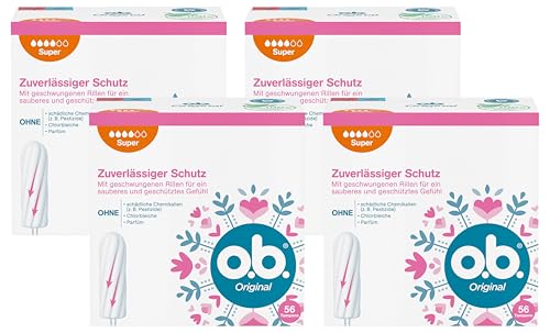 o.b. Original Super, Tampons für starke Tage mit StayDry Technologie und geschwungenen Rillen, für zuverlässigen Schutz und ein sauberes Gefühl (1 x 56 Stück) (Packung mit 4)