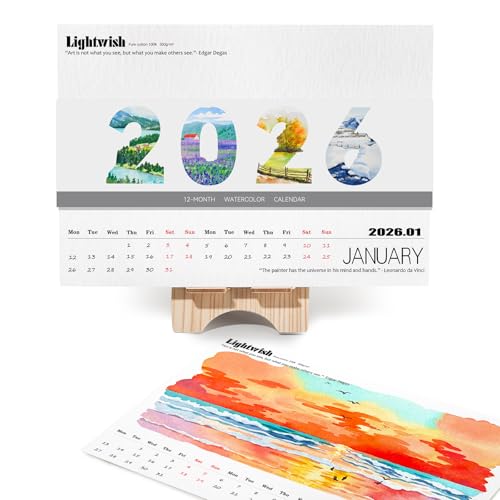 LIGHTWISH 2026 プロフェッショナル水彩用カレンダー紙 - 100% 綿製、300gsm 無酸、中目 - アーティスト向け・DIY クラフト・カレンダーアートプロジェクト用 12 枚入
