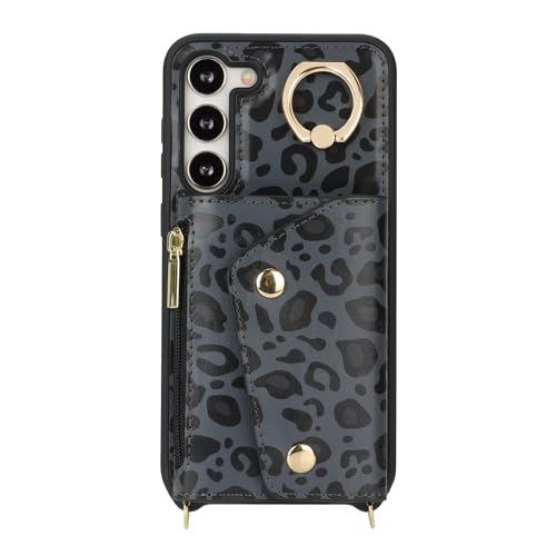 Lipvina for Samsung Galaxy S23 Plus Case with Card Holder and Strap - Zipper Pocket,Crossbody Lanyard Strap,Stand Ring,Cute Phone Wallet Case for Women(Black Leopard,6.6 Inch) by Lipvina - Image 6