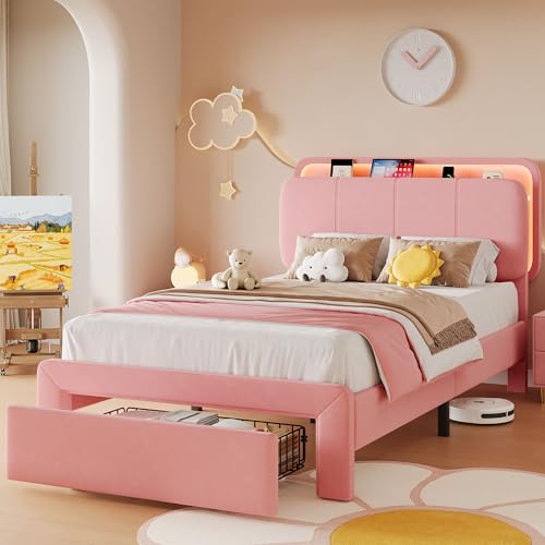 Image of Feonase Twin Upholstered Bed Frame with Storage Drawers and Headboard, Built-in Charging Station, Velvet Platform LED Bed with Solid Wood Slat Support, No Box Spring Needed, for Girls and Kids, Pink