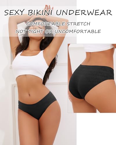 Image of Seamless Underwear for Women No Show Cheeky Low Rise Bikini Jacquard Soft Ladies Panties Breathable Stretch Hipster 6 Pack, Medium Black