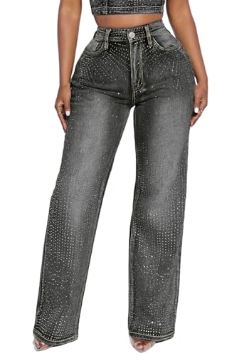 Womens Rhinestone Jeans Baggy High Waisted Wide Straight Leg Y2K Bling Sparkly Glitter Denim Pants Streetwear2