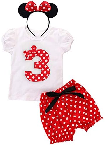 Toddler Baby Girls Christmas Polka Dot Birthday Cake Smash Clothes Outfits Short Sleeve T Shirt Tops Bottom Pants Summer Holiday 3D Mouse Ear Headband 3 pcs Sets Playwear 3pcs Sets Red No.3 2-3 Years