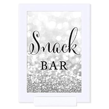 Andaz Press Framed Wedding Party Signs, Glitzy Silver Glitter, 4x6-inch, Snack Bar Enjoy!, 1-Pack