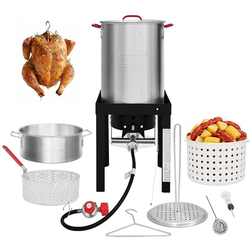 CreoleFeast TFS3010 Propane 30 Qt. Turkey and 10 Qt. Fish Fryer Boiler Steamer Set, 50,000 BTU Burner, Ideal for Outdoor Cooking