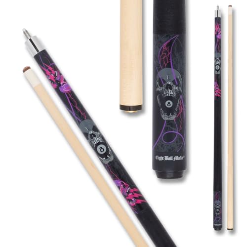 Eight Ball Mafia EBM22 Pool Cue - Matte Black, Purple and Pink Lightening Skulls and Grey Skull w/an 8-Ball in Mouth Design - 19oz