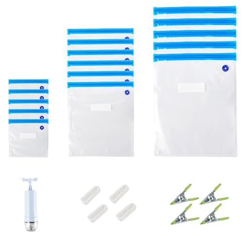 Paquete de 15 bolsas de vacío para alimentos: juego de bolsas al vacío, bolsas de vacío reutilizables con 1 bomba de mano, bolsas de sellado al vacío sin BPA, bolsas al vacío Sous Vide Set Bolsas (22