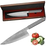MEG Gyuto Kochmesser, 205 mm, geschmiedet aus Damast, 67 Schichten, sechseckiger Griff aus Harz, zertifiziert für den professionellen Gebrauch, Akazienholzbox, ideal als Geschenk