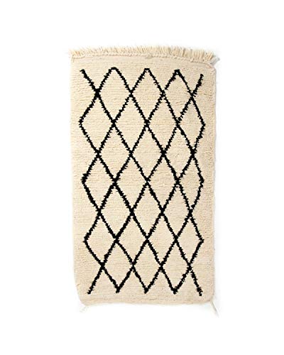 Tapis Paillasson Berbère Original Beni Ourain - Tissé à la Main 100% Laine - 110x60 cm - Crème et Noir, Tapis Marocain, décoration intérieur Classique et Moderne, Tapis Oriental, Tissage Traditionnel Cover